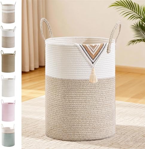 53L Tall Cotton Rope Laundry Basket with Handles, Brown by SunNewt