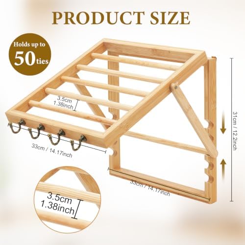 Wooden Tie Rack Wall Mounted - Scarf Organizer Holds 50 Ties with 4 Belt Hooks, Easy Installation, Design for Men and Women Closet - Image 2