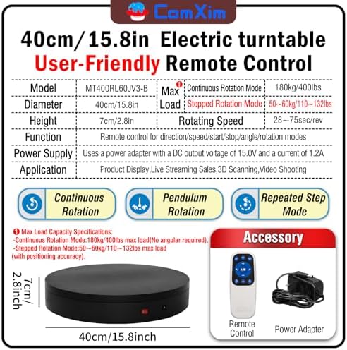 15.8In Remote Motorized Electric Turntable Rotating Display Stand Rotating Platform Photography Turntable motorized lazy susan base giratoria para for Photography,3D Scanner,(Load Range:132~400lbs) - Image 2