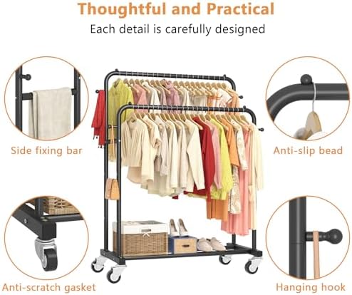 Laiensia Double Rods Garment Rack with Wheels, Clothing Rack for Hanging Clothes,4 Hooks, Multi-functional Bedroom Clothes Rack, Black - Image 5