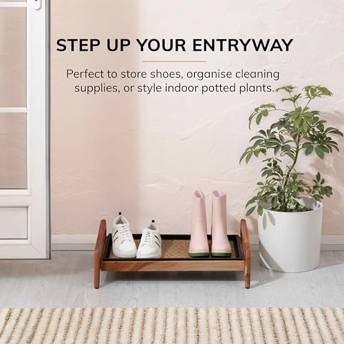 Anji Mountain Heavy Duty Waterproof Wooden Shoe Storage Mat Organizer/Boot Storage Tray Multi Use for Entryway with Coir, Tan and Blue Insert, 1 Tier, Fits 2 Pair (26.5" Wide) - Image 3