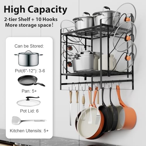 VyGrow 17 Inch Pot Rack Wall Mounted, 2 Tier Pots and Pans Organizer with 10 Hooks and 6 Pot Lid Holders, Heavy Duty Steel Pot and Pan Hanger for Kitchen Cookware Utensils Storage 24" Lx13 Wx20.5 H - Image 3