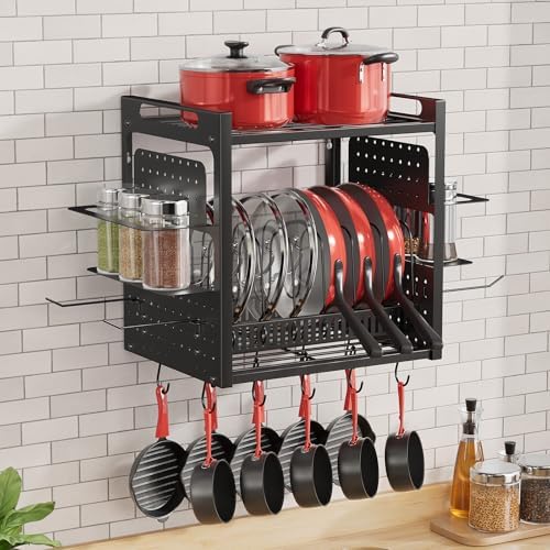 Wall Mounted 16" Pot Rack，2 Tier Kitchen Pots & Pan Organizer with 10 Hooks - Image 5