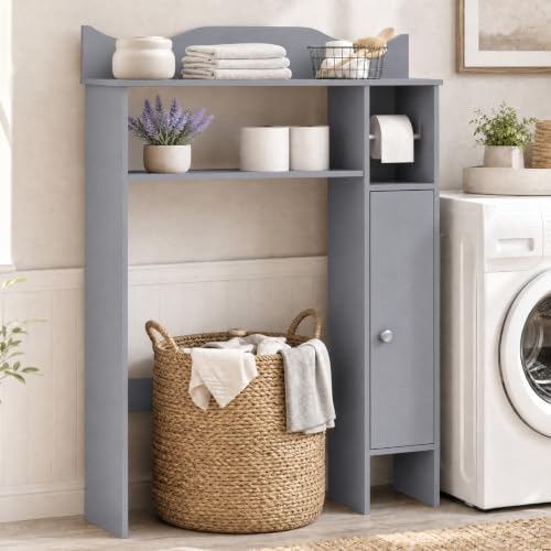 Giantex Over-The-Toilet Storage Cabinet, Bathroom Freestanding Space Saver with 1-Door Side Storage Cabinet & Paper Holder, Toilet Rack Organizer Stand for Bathroom Laundry (Gray) - Image 4