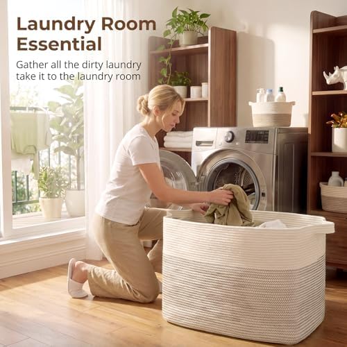 OIASKET 108L Cotton Rope Storage Basket for Living Room and Bedroom 25"x16"x16" Woven Laundry Basket, Heavy Duty Bin for Blankets, Pillows & Toys, Pet-Safe & Scratch-Free, Black and White - Image 6