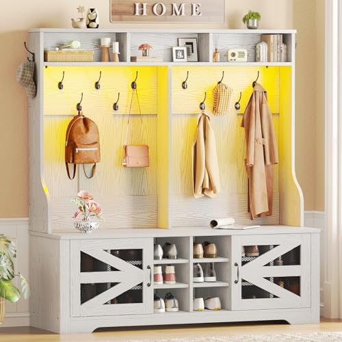Itaar Hall Tree with Bench and Shoe Storage, 5-in-1 Entryway Bench with Coat Rack, 16 Shoe Cubbies & 12 Coat Hooks, Barn Door & Adjustable Shelf (Embossed White) by Itaar