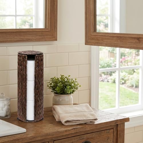 PINXIURY Water Hyacinth Paper Roll Holder, Wicker Toilet Paper Holder Stand for Bathroom, Toilet Roll Holder Stand for Bathroom and Under Sink, 3 Rolls of Toilet Paper Storage, Coffee - Image 3