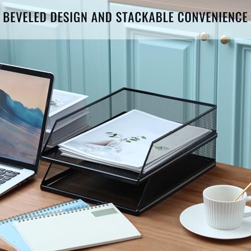 Hicarer 4 Pcs Black Metal Letter Tray Stackable Desk Tray Single Wire Mesh Organizer Front Load File Paper Holder for Desktop Office Home School Classroom (12.8 x 9.84 Inch) - Image 2