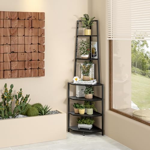 VECELO 6 Tier Corner Shelf 69 Inch Industrial Bookshelf with Metal Frame, Multipurpose Tall Plant Stand with Opening Display Shelves for Living Room, Bedroom, Home Office, Small Space, Black - Image 6