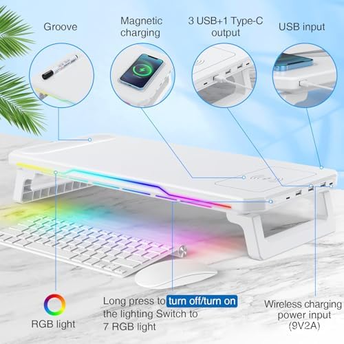 Monitor Stand Riser with USB 3.0 Hub & Type-C Port, 15W Fast Wireless Charging & RGB Lighting, Desk Organizer for Home Office PC iMac 27 Inch (White) - Image 2