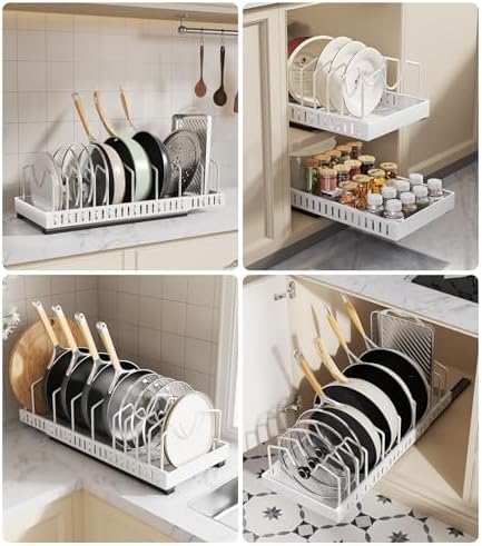 Pull Out Pots and Pans Organizer Under Cabinet, Expandable Sliding Lid Holder and Pan Rack for Kitchen, Slide Out inside Cabinet for Pot Lid, Bakeware, Dishes, 10 Adjustable Dividers, 2 Pack White - Image 7