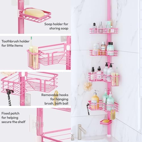 SWTYMIKI Shower Caddy Tension Pole - 4-Tier Corner Shower Organizer, Pink - Image 4