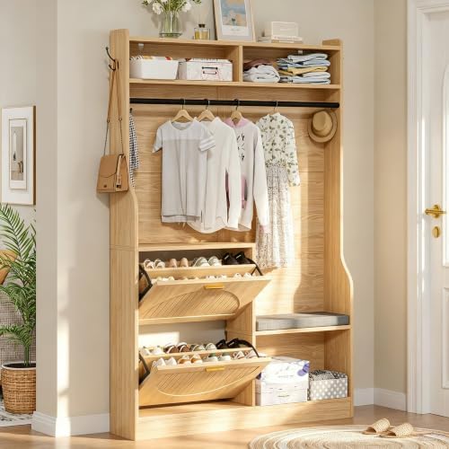 43.3" Hall Tree with Shoe Storage, Entryway Coat Rack with Flip Drawers Shoe Cabinets, Padded Shoe Changing Bench, Metal Hanging Rod & Hooks, Fluted Grain Accent Entryway Organizer for Hallway by Pekdi