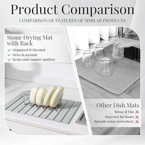 Stone Dish Drying Mat with Collapsible Stainless Steel Rack, Large 23.6 x 15.3 in Diatomaceous Earth Dish Drying Set for Kitchen Counter, Quick Dry, Foldable, Space Saving - Image 5