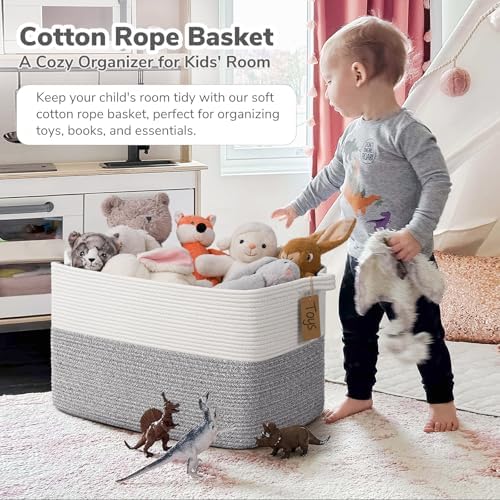 Goodpick 75L Extra Large Woven Rope Blanket Basket, Rectangle, Light Gray - Image 2