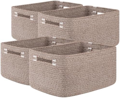 OIASKET 4Packs Natural Cotton Rope Storage Baskets for Organizing Toys, Clothes, Towels & Books, Soft Versatile Organizers for Shelves, Home Decorative Bins, 15.7''Lx11.8''Wx7.8''H, Linen Brown by OIASKET
