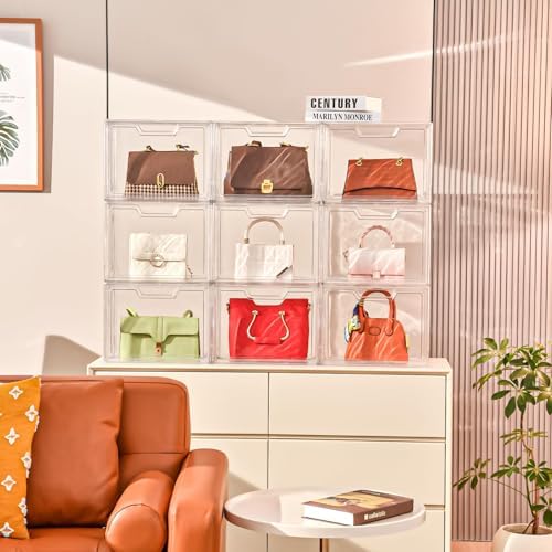 Freebat Stackable Storage Organizers, Clear Acrylic Display Case, 9-Pack Acrylic Boxes with Lids, Clear Storage Containers Storage for Handbags, Collectibles & Figures - Image 2