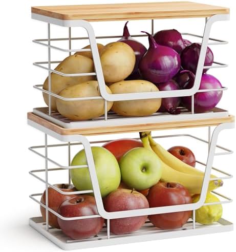 ALOCEO 2 Pack Potato and Onion Storage Bins, Large Trash Bag Holder Under Sink with Bamboo Top, Stainless Steel Pantry Organizers Storage, Kitchen Counter, White by ALOCEOWallHooksAdhesive
