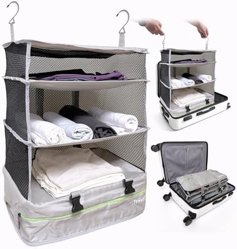 Grand Fusion Stow-N-Go Hanging Travel Shelves, Packing Organizer for Luggage. Carry on Closet for Suitcase. Expandable Packing Cube. Travel Essentials. (Light Gray - XL, XL = (L) 17.7" x (W) 11.8") by GrandFusion