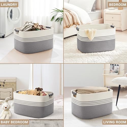 86L Large Woven Laundry Basket Hamper with Leather Handles,Grey - Image 4