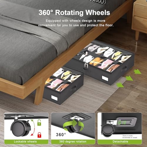 homyfort Under Bed Shoe Storage with Wheels, Fits 24 Pairs, Rolling Shoe Organizer with Bottom Support & Clear Lids, Sturdy Under Bed Storage Box for Shoes, Set of 2, Black - Image 3