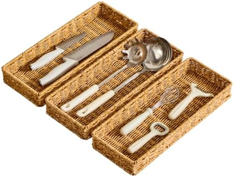 Berdeng Kitchen Drawer Organizer for Utensils, Silverware Tray Cutlery Organizer, PE Rattan Handwoven Storage Basket with Iron Frame, 2-Inch Fit for Shallow Drawers, 15" x 6" x 2" (Set of 3) by Berdeng