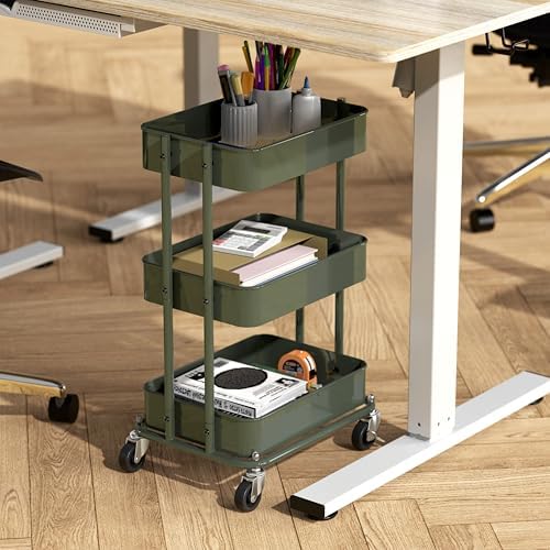 Simple Houseware 3-Tier Utility Cart, Low 24" Height Fits Under Desk, Green - Image 2