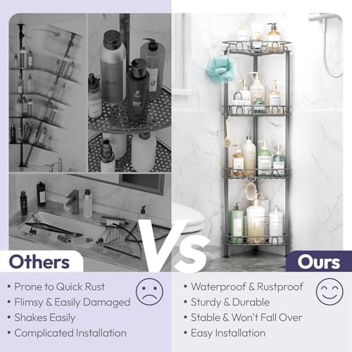 SWTYMIKI Standing Shower Caddy Corner - 4‑Tier Stainless Steel Shower Organizer Shelf with 12 Hooks and Adhesive Pads, Rustproof Corner Shelves Stand Rack for Bathroom Shower Room, Gray - Image 2