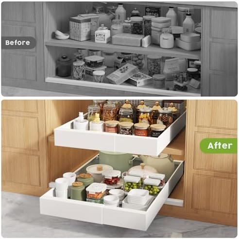 Seinloes 4 Pack Pull Out Cabinet Organizers 21" Deep With Raising Pad for Framed Cabinets, Expandable Width (9"-14") Slide Out Drawers Upgrade 3 Slide Rails, Roll Out Shelves Adhesive, White - Image 5
