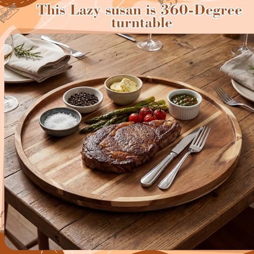 24'' Wood Lazy Susan for Countertop Acacia Large Turntable Rotating Serving Tray for Table Top Non Skid Kitchen Tray Revolving Condiment Spice Rack Table Organization Storage, Natural - Image 2