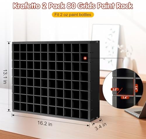 Krafetto 2 Pack 80-Grid Paint Organizer for 2 Oz Bottles, Wall Mount, Black - Image 2
