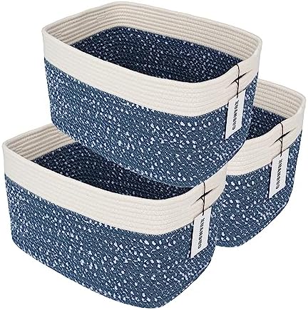 XUANGUO Woven Cotton Rope Storage Baskets 15x10x9.3" 3 Pack White and Blue by XUANGUO