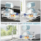 2 Tier Dish Drying Rack, Large Extendable Dish Racks for Kitchen Counter , Dishrack with Drainboard, 2-in-1 Anti-Rust Stainless Steel Dish Drainer with Utensil Holder (White, double of Dish Rack) - Image 3