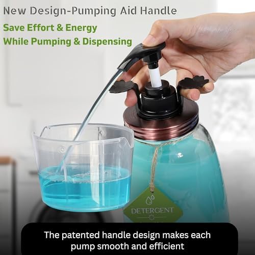 Glass Laundry Detergent Container - Besuerte Large Capacity Liquid Laundry Detergent Dispenser with Refillable & Reusable 2x50oz Mason Jars and Save Effort Pump Aid Handle, Bronze Cap - Image 4