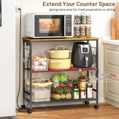 3 Tier Rolling Kitchen Microwave Cart with Power Outlet, 33 Inch Microwave Table Stand with Adjustable Shelf, Kitchen Storage Island Utility Cart Bakers Rack Coffee Bar for Living Room, Office - Image 5