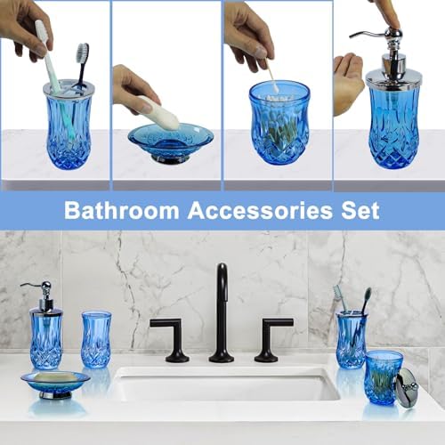 Blue Bathroom Accessories, Round Thick Glass & Metal Pump - Image 5