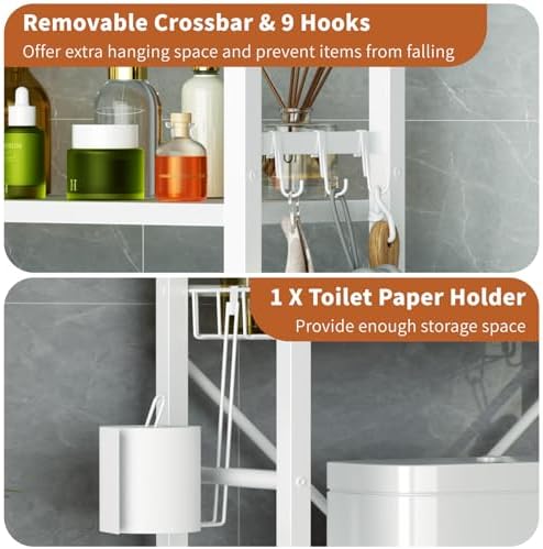 4 Tiers Over The Toilet Storage,Bathroom Organizers and Storage Shelves with Toilet Paper Holder and 9 Hooks,Toilet Rack for Cabinet Organizer,White - Image 4