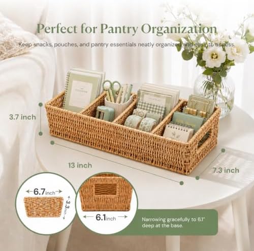 2PCS Rattan Pantry Organizer Baskets with Removable Dividers - Image 2