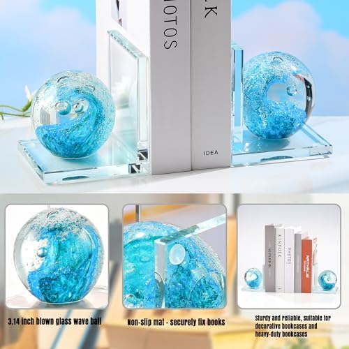 Glass Book Ends with Turquoise Hand Blown Sea Wave Ball, Set of 2 - Image 3