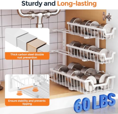 Under Sink Organizer, 2-Pack 3-Tier Height Adjustable Thickened Metal Pull out Cabinet Organizer Shelf, Slide out Storage Drawer Rack for Bathroom Kitchen Pantry Home Laundry Organization (White) - Image 4