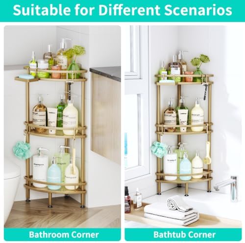 HapiRm Standing Corner Shower Caddy - 3 Tier Shower Organizer Corner with Soap Holder and 4 Hooks, Rustproof Bathroom Storage Shelves with Adhesives, Gold - Image 4