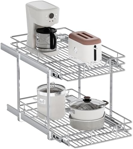2-Tier Pull Out Cabinet Organizer, 16.5" W x 21.5" D, Heavy Duty Dual Slide Out Shelves for Base Cabinets, Chrome Wire Basket Drawer for Pantry, Kitchen & Bathroom Storage by Unknown