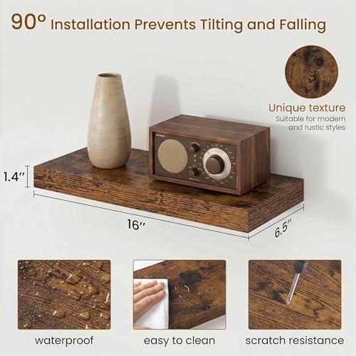 Dreamland Floating Shelves, Wall Mounted Shelves for Storage and Home Decor, Rustic Wood Shelves for Bathroom, Living Room, Bedroom and Kitchen, 16" x 6.7" Set of 2 - Image 3