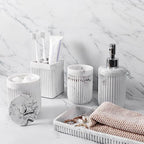 XLHOMO Resin White Marble Bathroom Accessories Set 5 Pcs, Lotion Soap Dispenser, Toothbrush Holder, Bathroom Tumbler, Qtip Holder and Vanity Tray, Bathroom Countertop Organizer Set for Home Apartment by BetterbathroomwithXLHOME