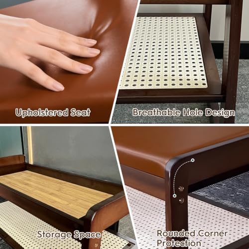 Shoe Rack Bench, 2-Tier Bamboo Entryway Bench 27.5"L, Orange Leather - Image 6