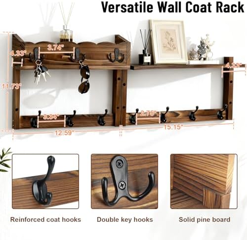 28" Coat Rack Wall Mount with Shelf with 7 Hooks 3 Key Hanger - Image 2