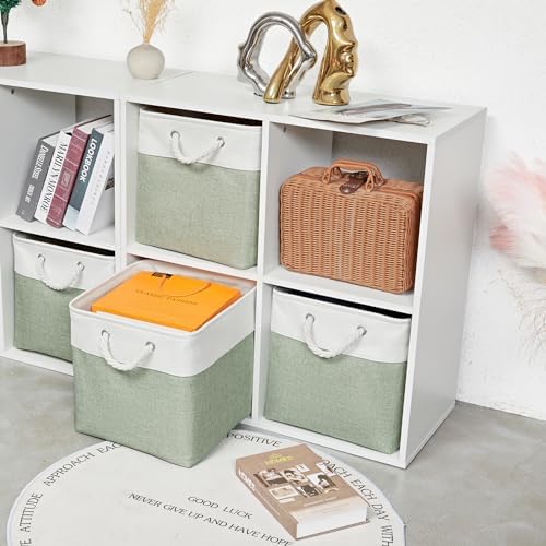 13 x 13 Inch Cube Storage Bins,Storage Cubes for Shelves，Foldable Organizer Boxes with Handles, Decorative Storage Basket for Organizing Clothes, Toys, Books(White&Green) - Image 5