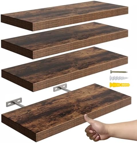 YUFLINX 16’’Rustic Brown Floating Shelves for Wall Set of 4,Rustic Wood Shelf for Room Decor/Storage/Display,Small Bookshelf,Wall Mounted Hanging Shelves for Bedroom, Bathroom, Living Room, Kitchen by Unknown