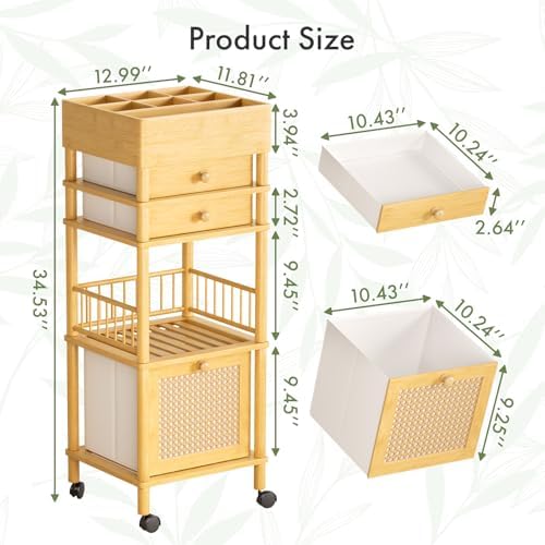 Amazer Bamboo Makeup Organizer Cart with 3 Drawers, Floor Skin Care Storage for Bathroom Bedroom, Rolling Vanity Organizer Cart for Cosmetic, Nail Polish, Perfume and Hair Tools - Image 2