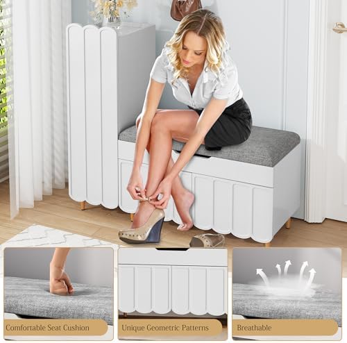 3More L-Shaped Entryway Shoe Bench with Cushioned Seat, White - Image 4